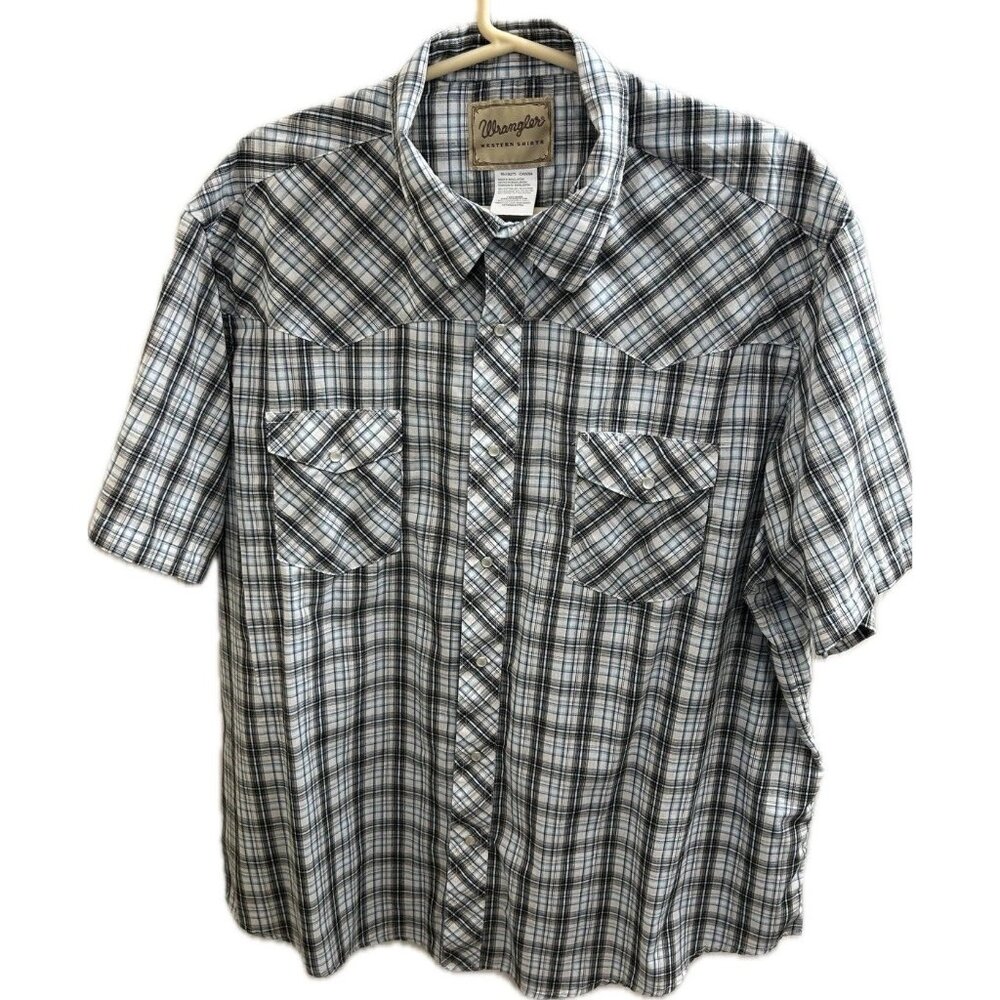 Wrangler Western Pearl Snap Shirt Mens 2XL Blue Plaid Short Sleeve Cowboy